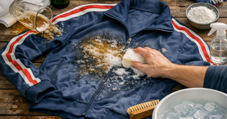 beer spills out of a track jacket