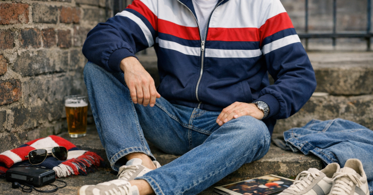retro track top with jeans