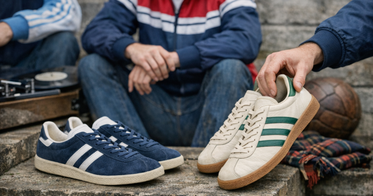 retro trainers with a track top